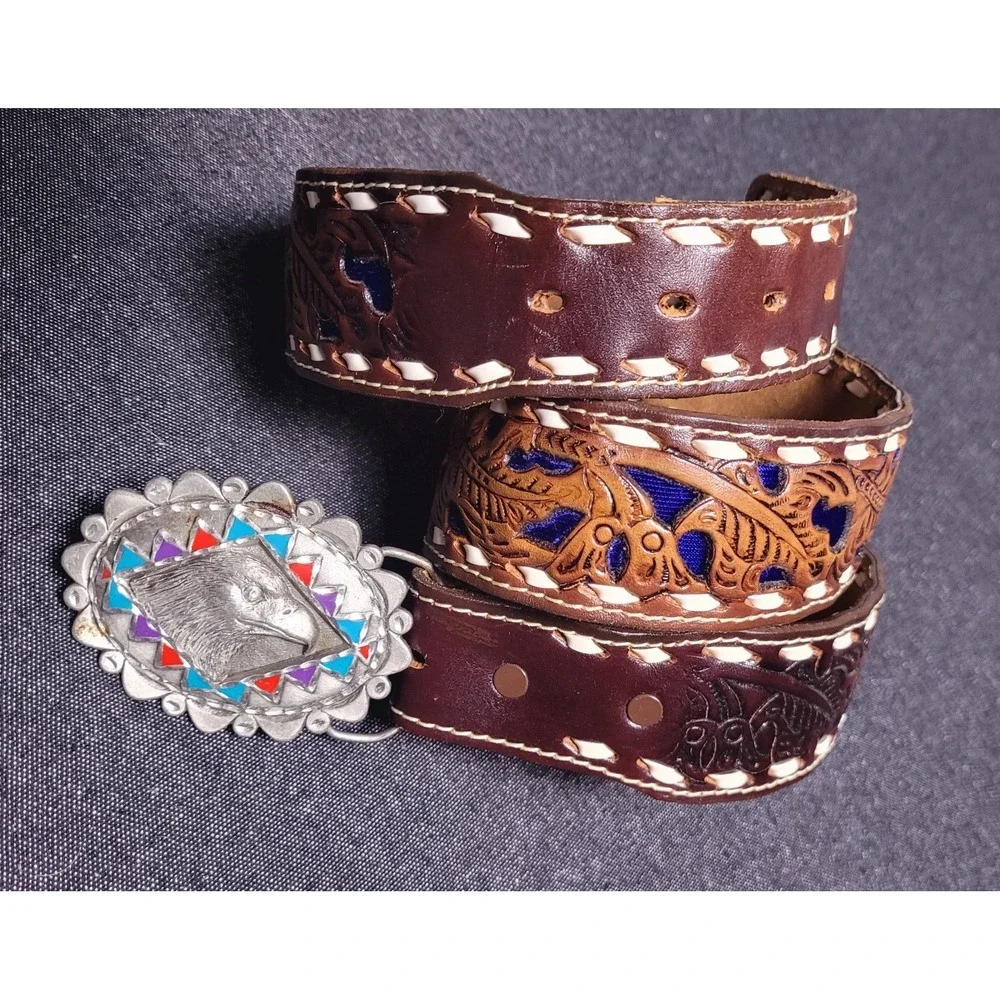 Vinatge‎ Texas Sterling Leather Belt Tooled Blue Inlay Buckle Eagle Western 36